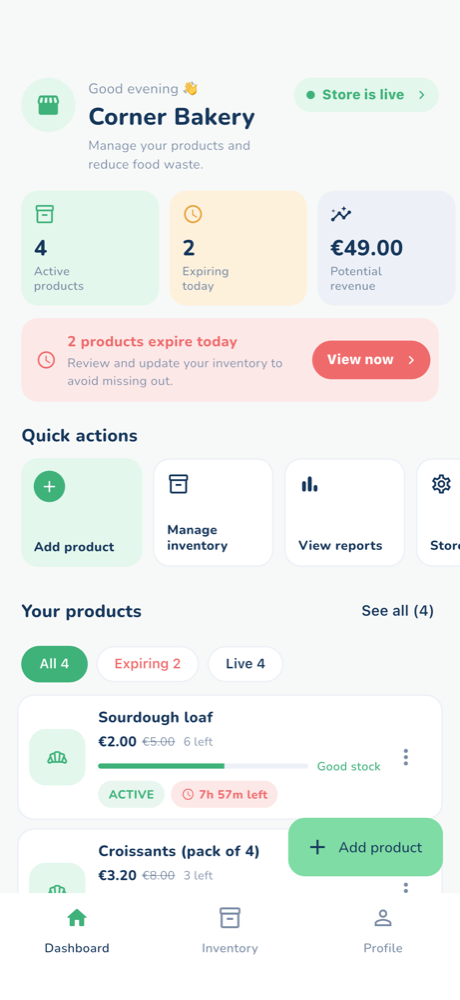 easySave shop dashboard: active products, items expiring today and potential revenue