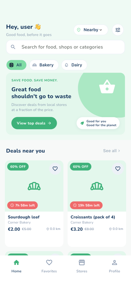 easySave shopper feed: discounted items nearby with price, time left and distance