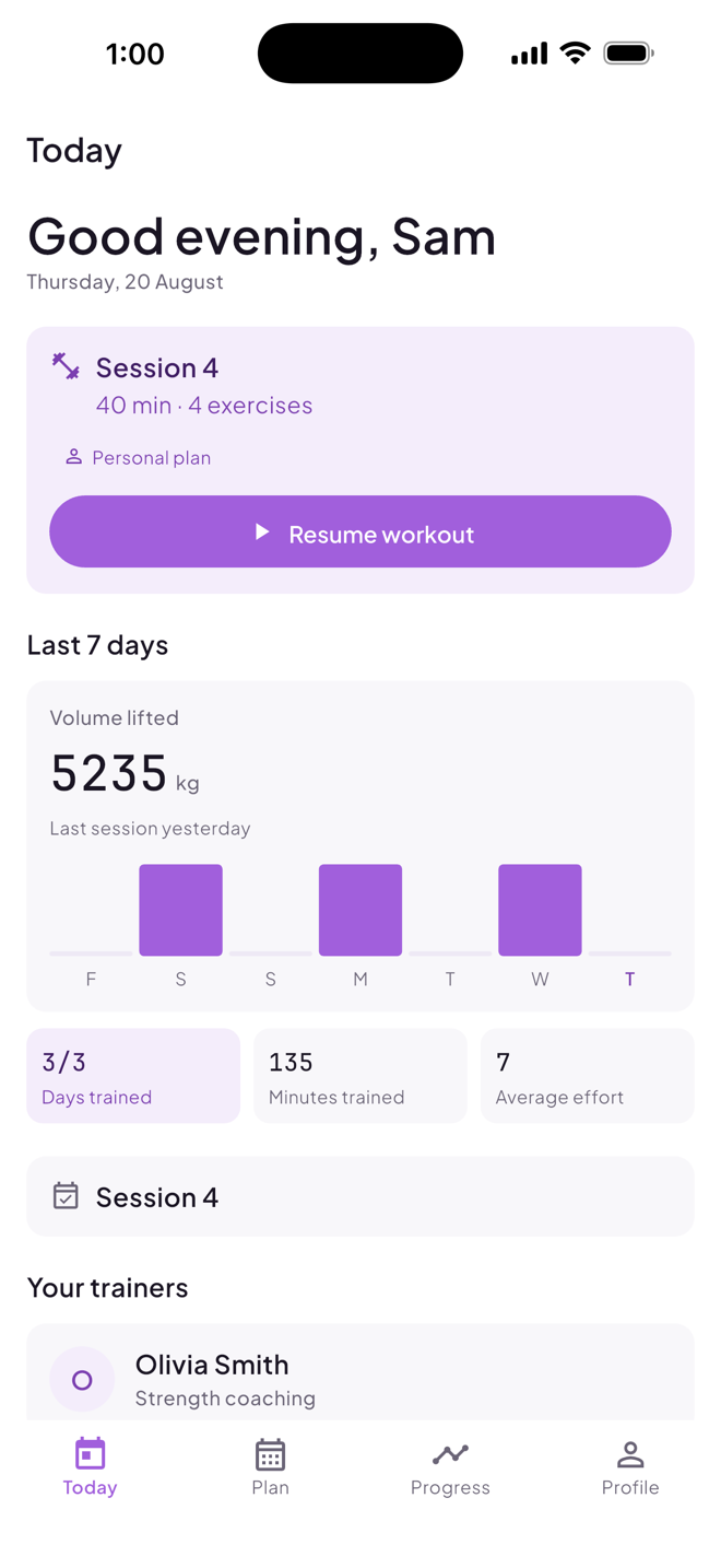 TrackHQ client Today screen: today's session and the last 7 days